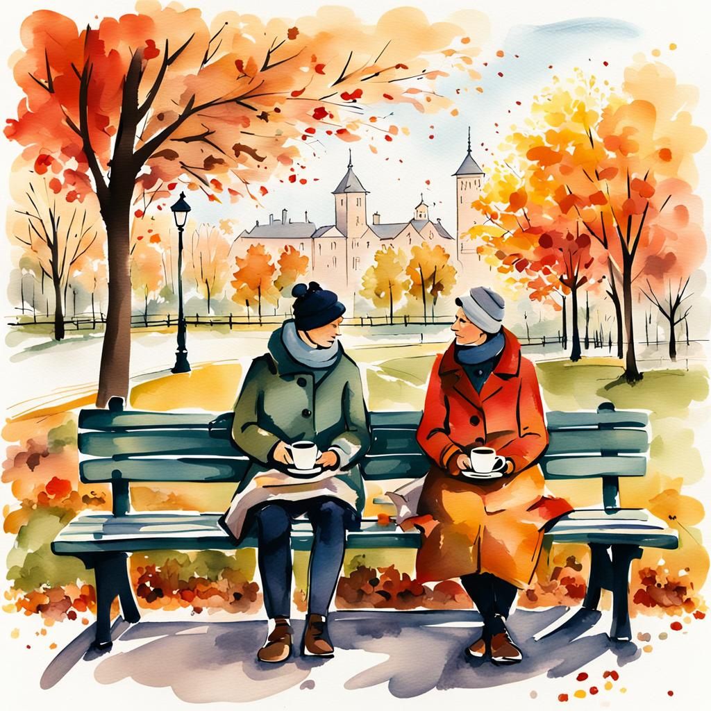 Relaxing Tea Break in Autumn Park: Ink Painting