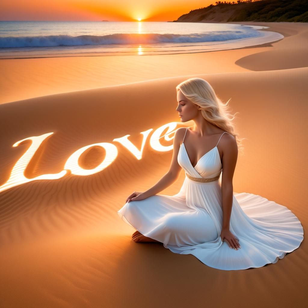 Woman on Beach with Glowing Sand Message
