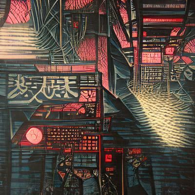 Cyberpunk Dystopia as Woodblock Print