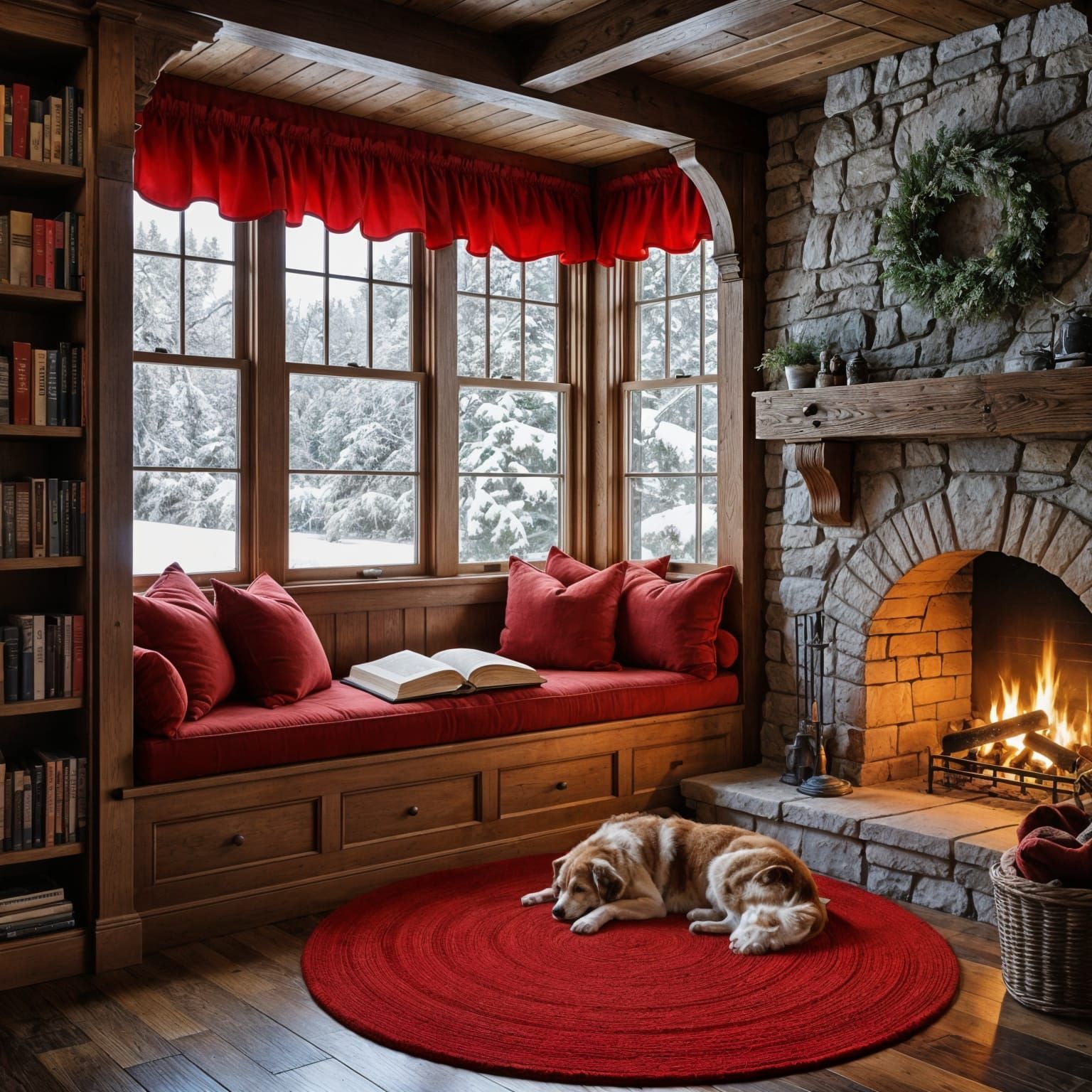 Cozy Reading Nook with Fireplace and Snow