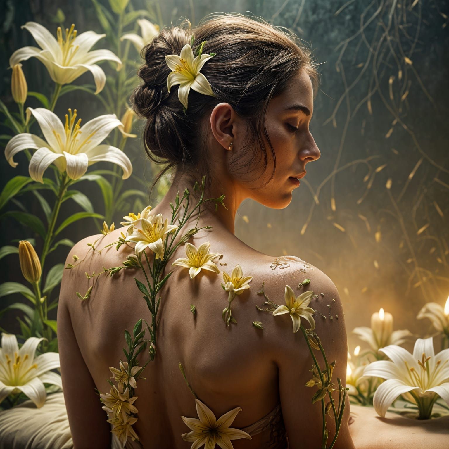 Surreal Spa Massage with Lilies Growing