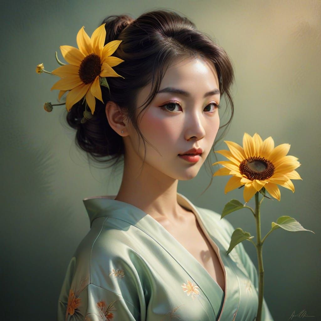 Elegant Japanese Lady with Sunflower: Airbrush Art