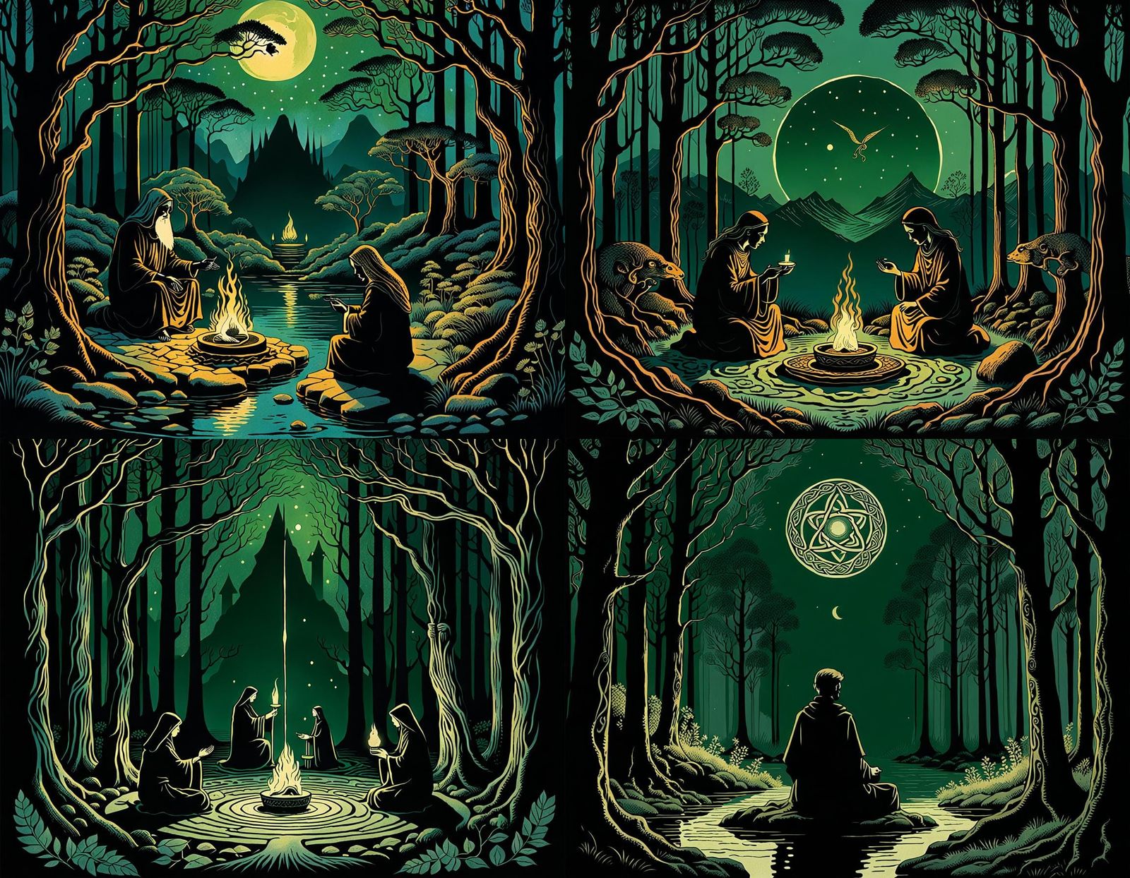 Ancient Celtic Occult Rituals in Silhouette Art Style