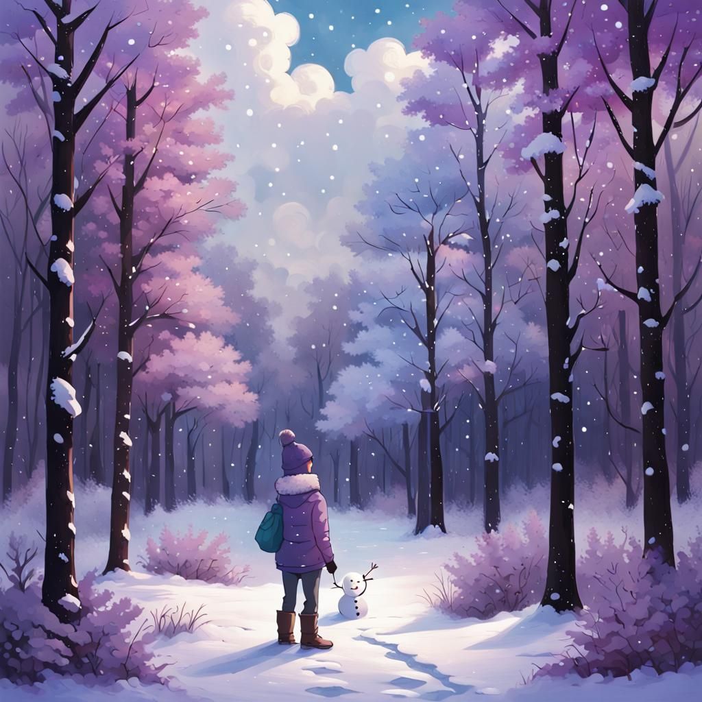 Winter Forest Scene with Teen Snowman Builder