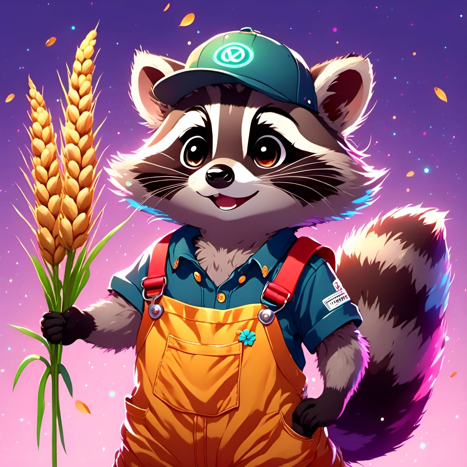 Raccoon in Overalls with Wheat, Anime Style