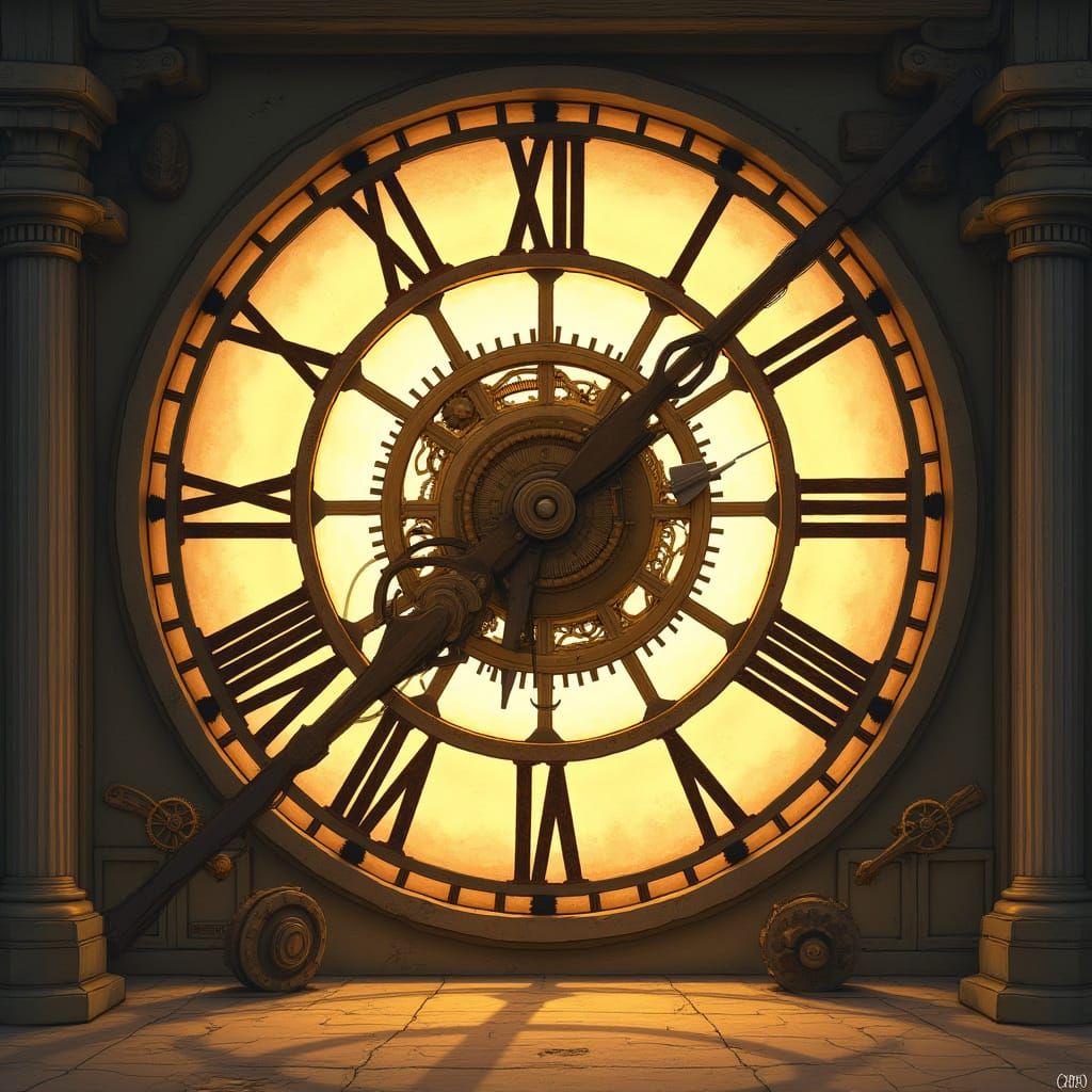 Gigantic Mechanical Clock Face in Whimsical Realism