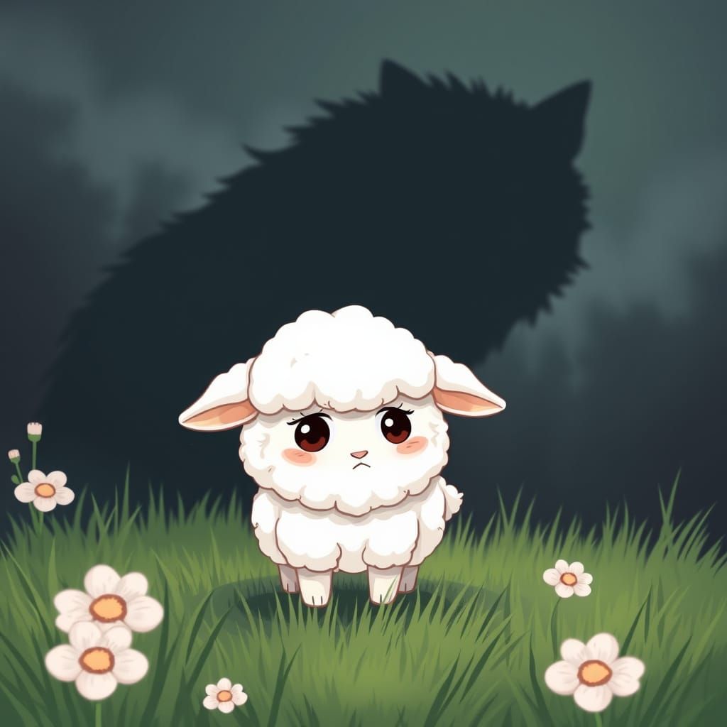 Anxious Lamb in Meadow with Looming Shadow