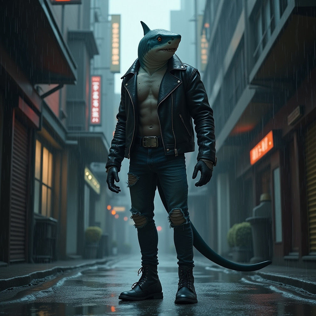 Cyberpunk Street Shark in Rainy Alleyway