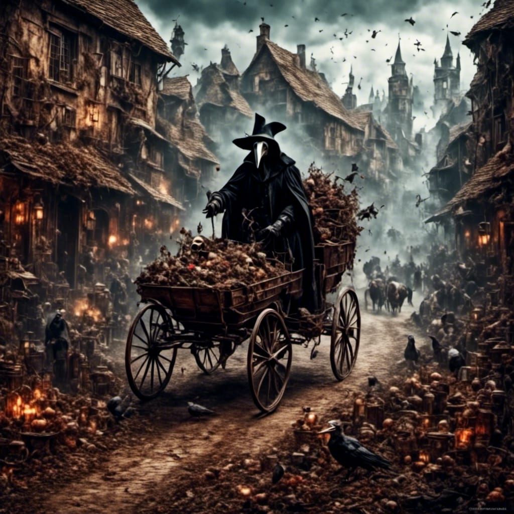 Plague Doctor in Dying Village: A Dark Fantasy Scene