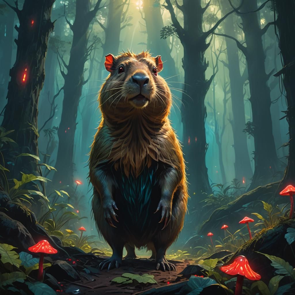 Capybara Devil in Mystical Forest, Art Nouveau Style