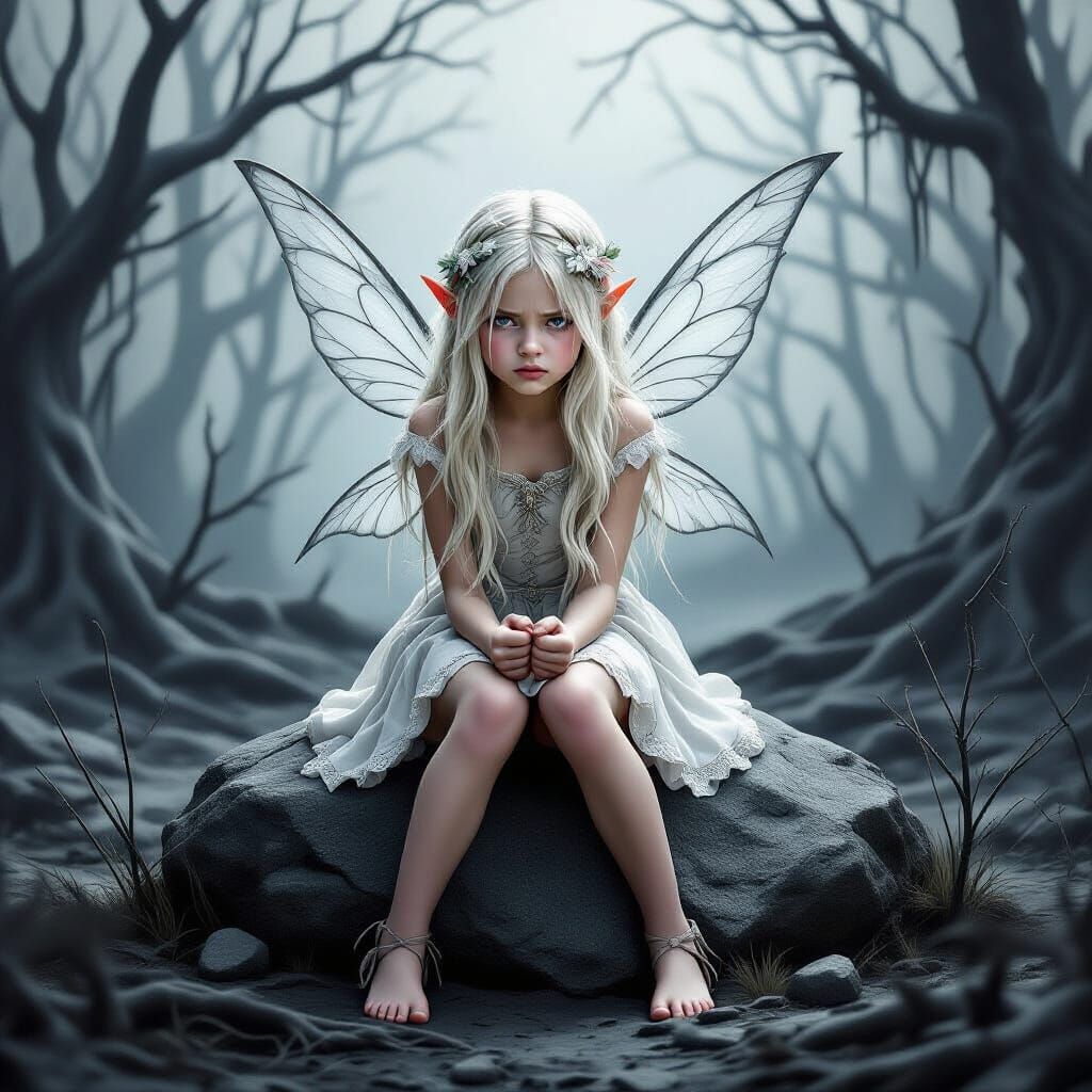 Angry Fairy Cries in Decayed Grayscale Forest