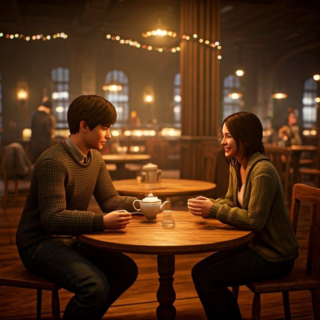 Cozy Cafe Scene: Boy Serves Tea to Girl