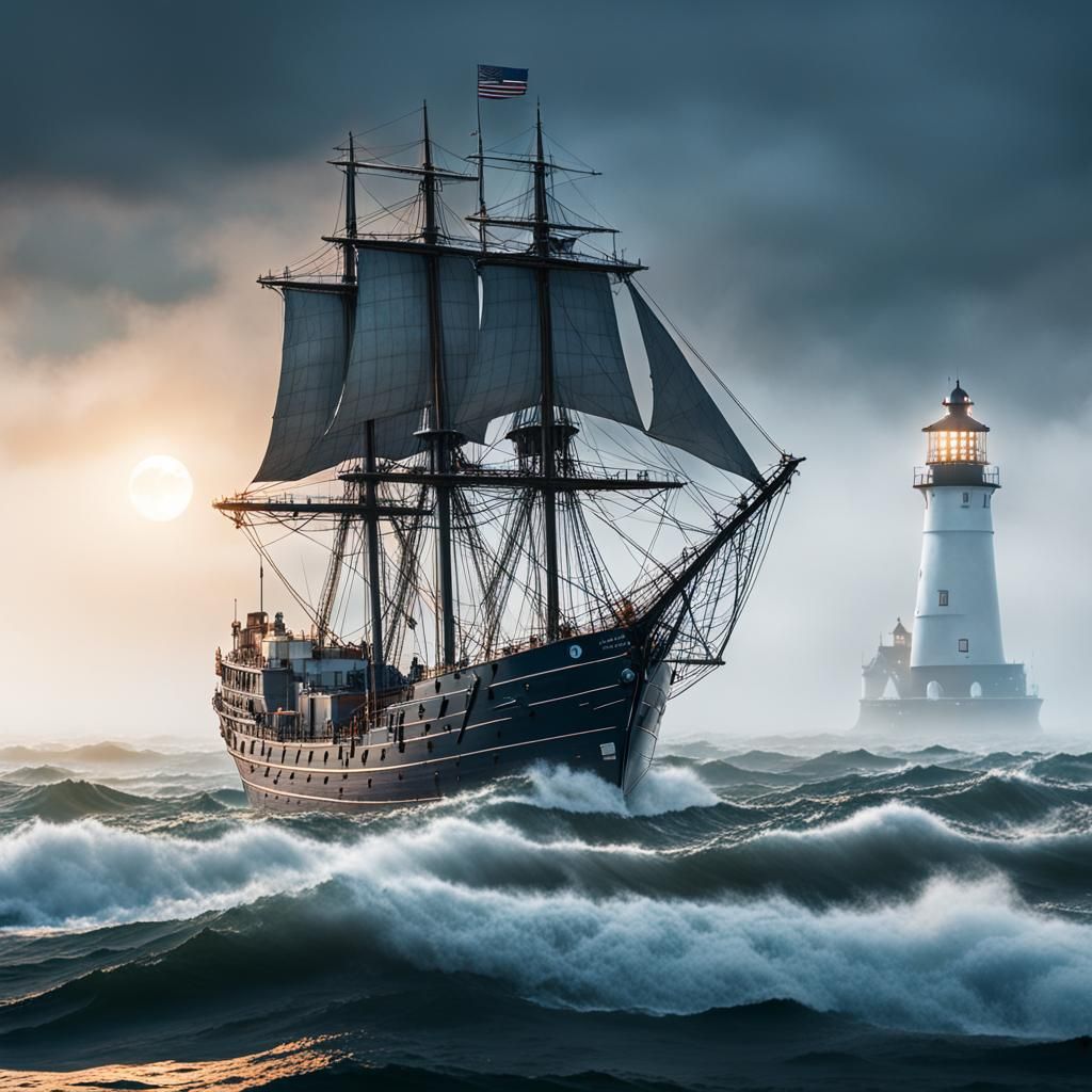 Foggy Sea Galeon Sailing with Lighthouse