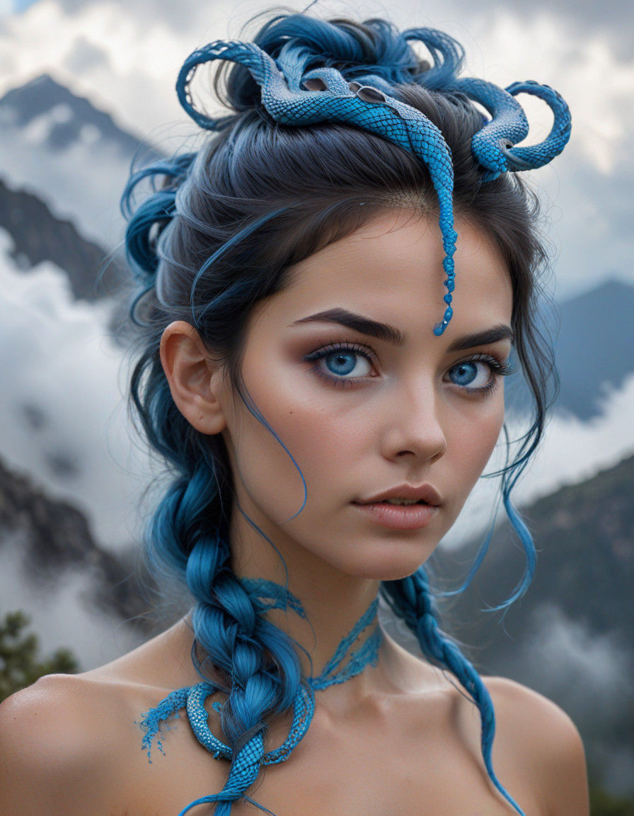 Beautiful Woman at Mountain Peak with Blue Hair and Eyes Ami...