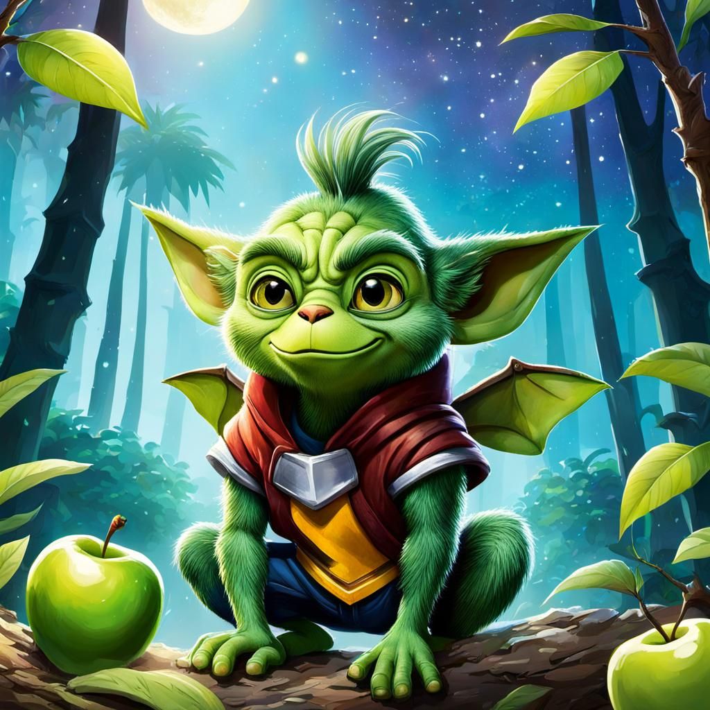 Friendly Green Goblin Eating an Apple in Jungle