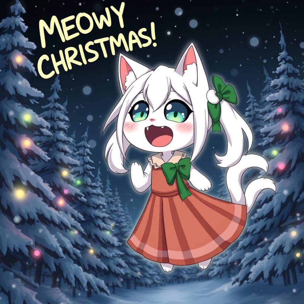 Whimsical Anime Catgirl in Snowy Christmas Wonderland