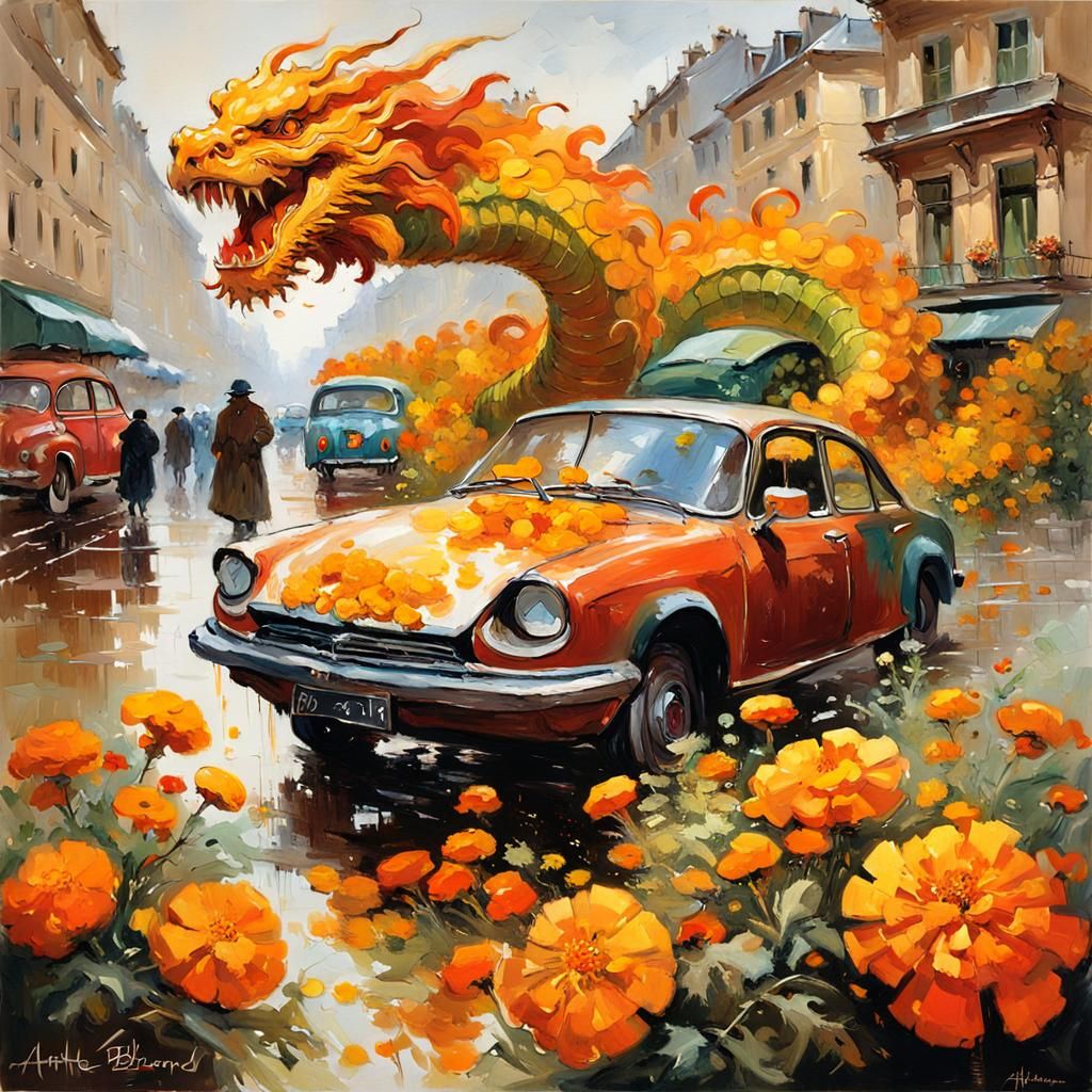 Vintage Car with Dragon and Marigolds in Cityscape