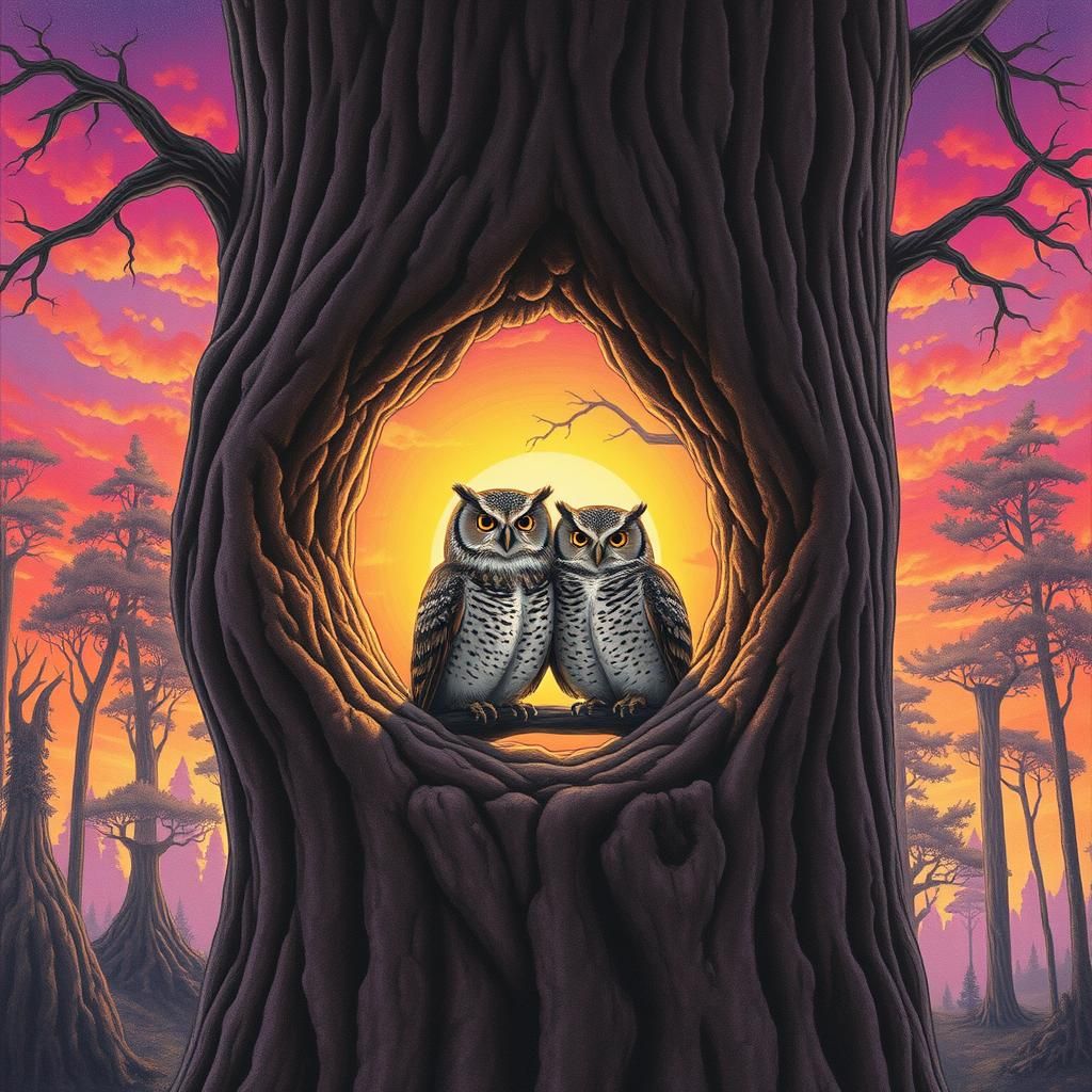 Owls in Magical Forest Sunset, Digital Art