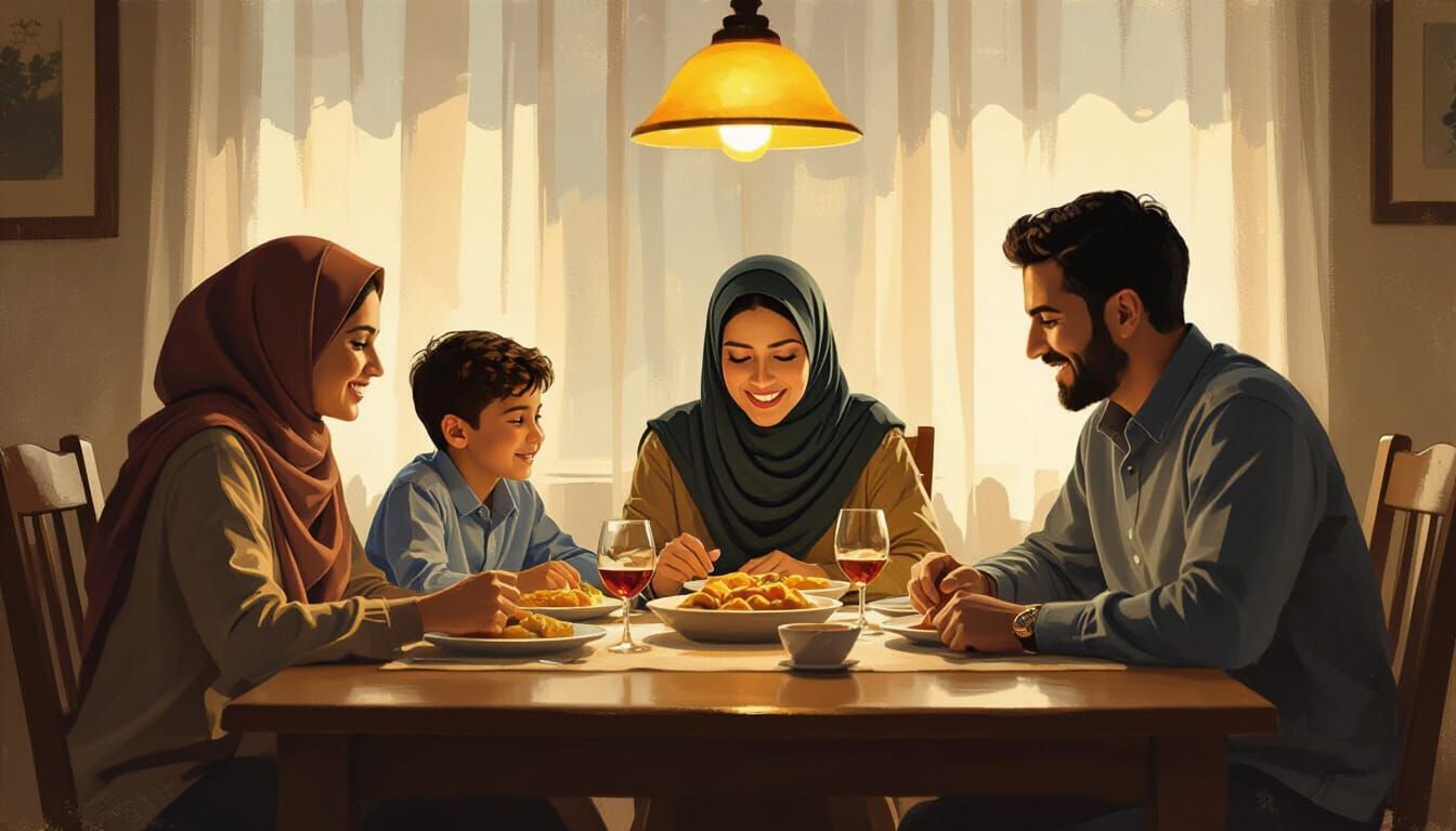 Muslim Family Dinner Scene in Realistic Oil Painting Style