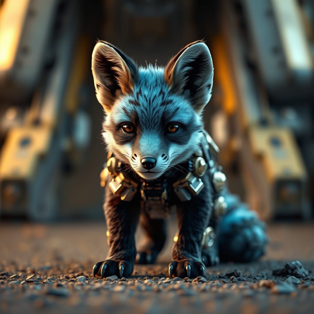 Futuristic Blue Fox Cub with Black Stripes