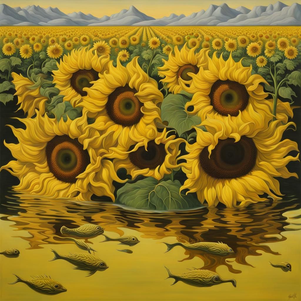 Surreal Sunflowers Submerged in Yellow Water