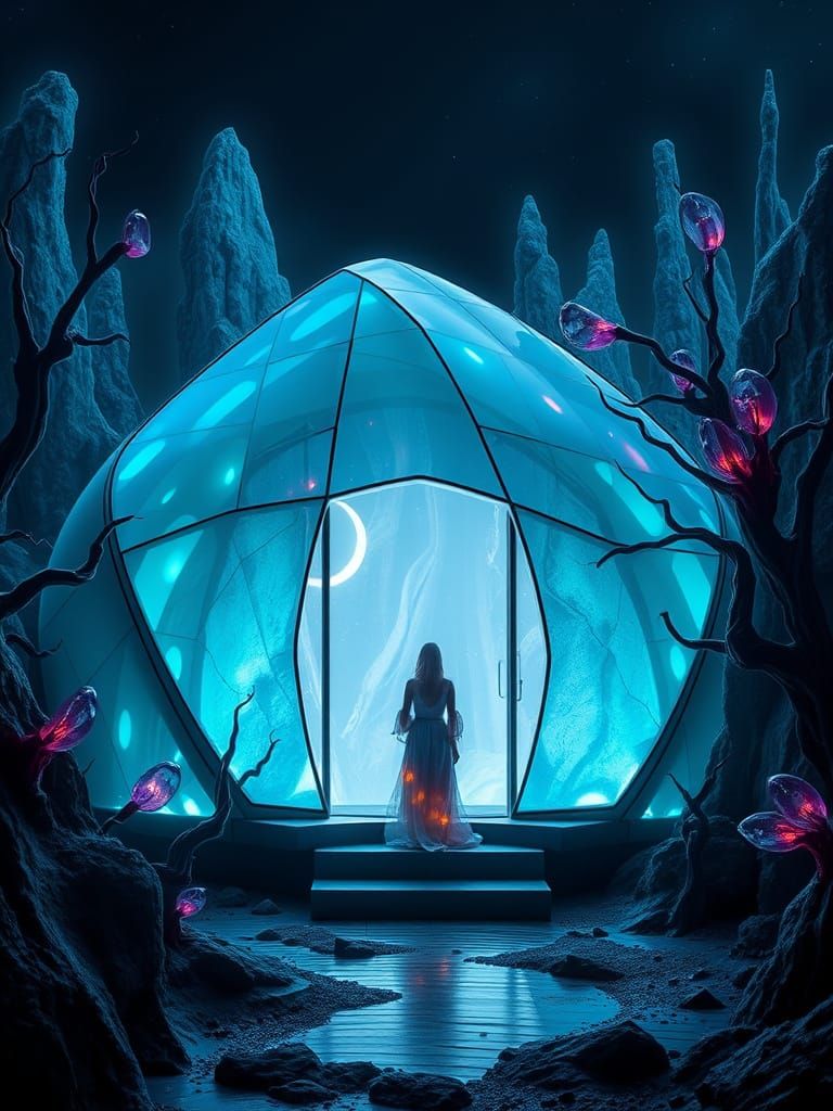 Glass Houses Amidst Alien Wilderness in Futuristic Landscape