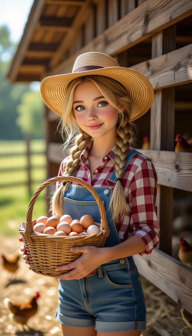 Farm Girl with Eggs in Anime Style