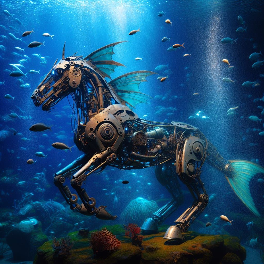 Mechanical Ichthyocentaur Submerged in a Vibrant Reef