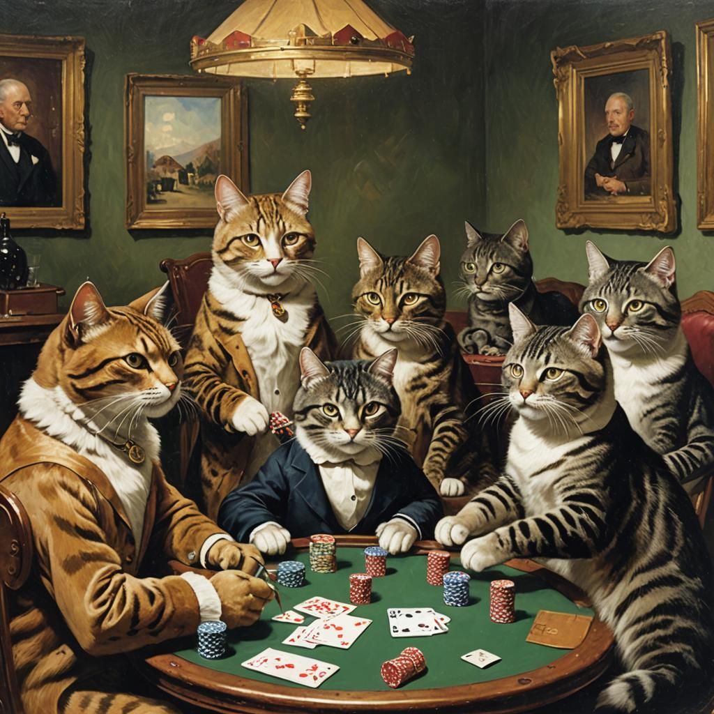 Cats Playing Poker in Classical Painting Style