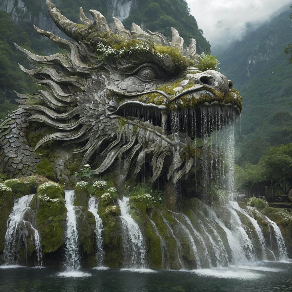Serene Stone Dragon Waterfalls in Cinematic Style