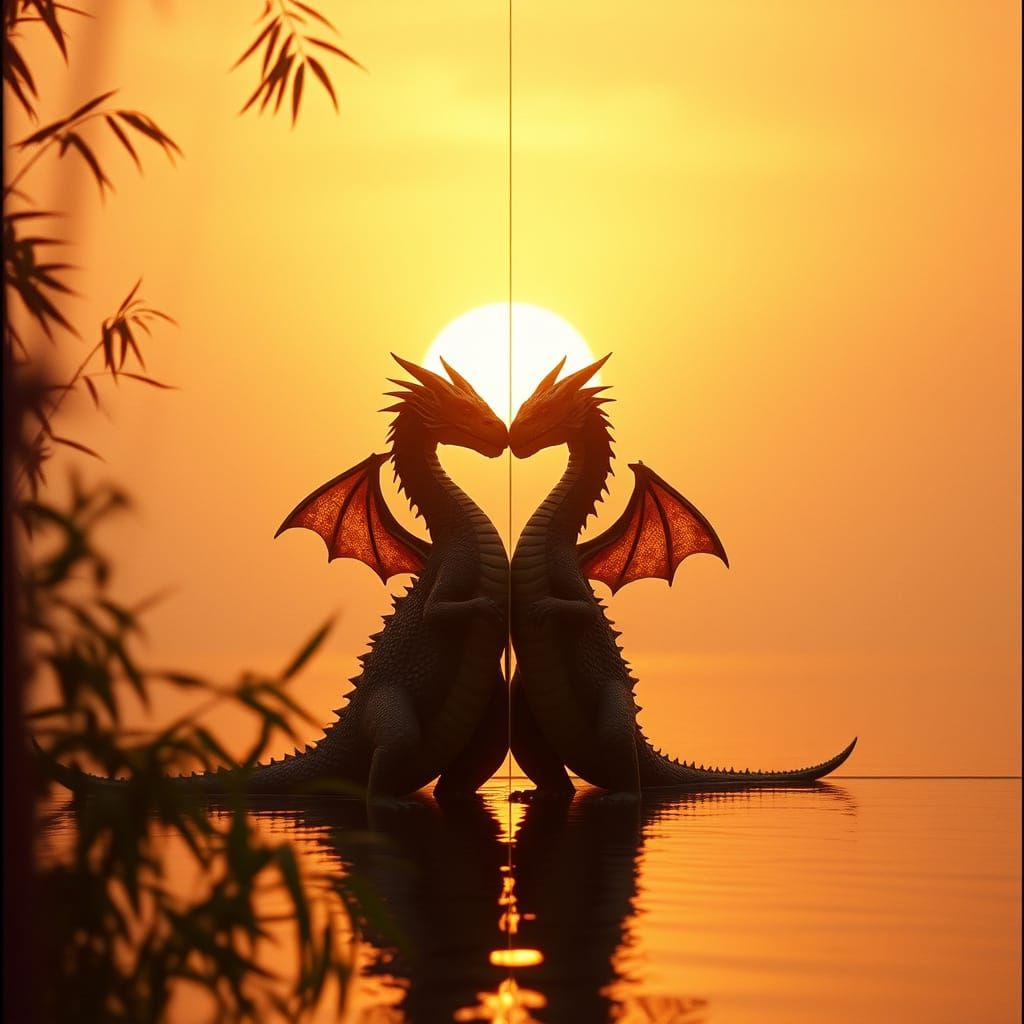 Romantic Dragons Separated by a Transparent Barrier Amidst a...