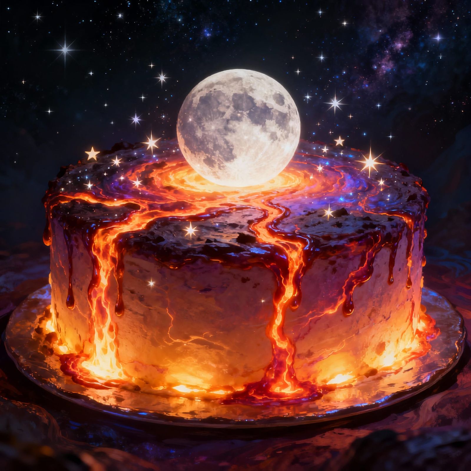 Celestial Cake with Moon, Stars, and Lava Flow