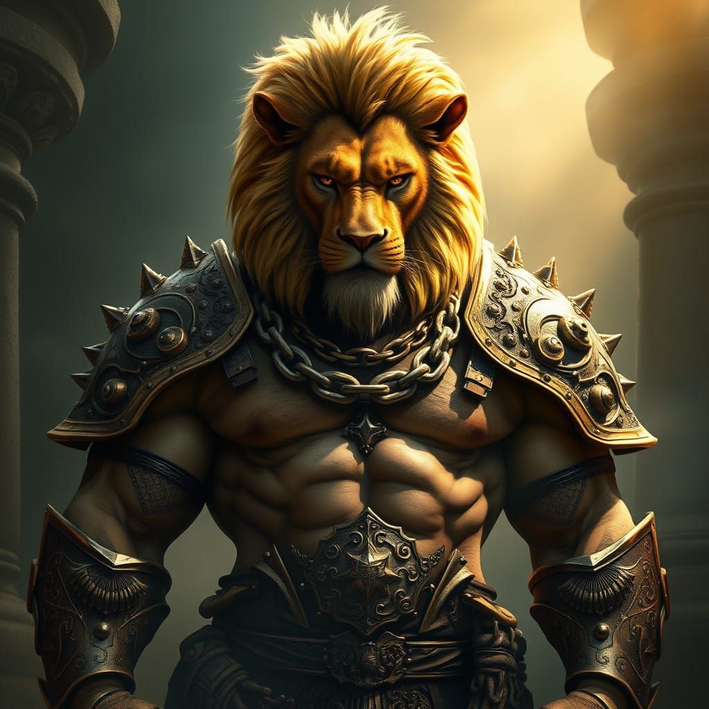 Majestic Lion Warrior in Ancient Fantasy Realm