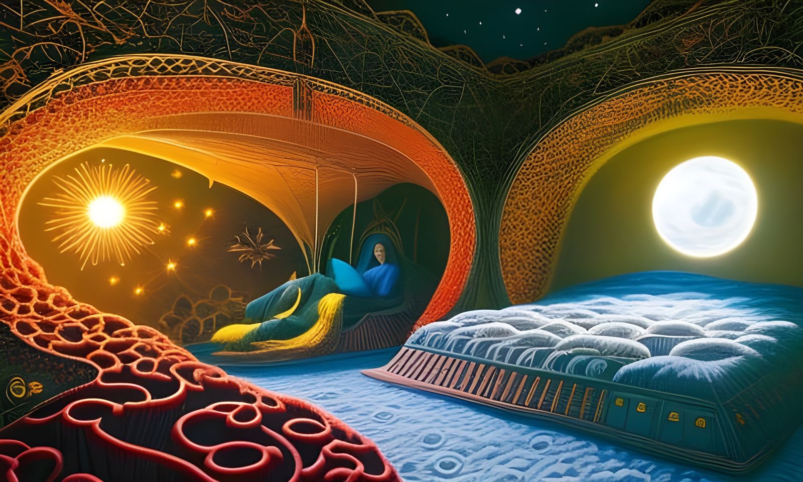 Woman in Surreal Sun and Moon Bed