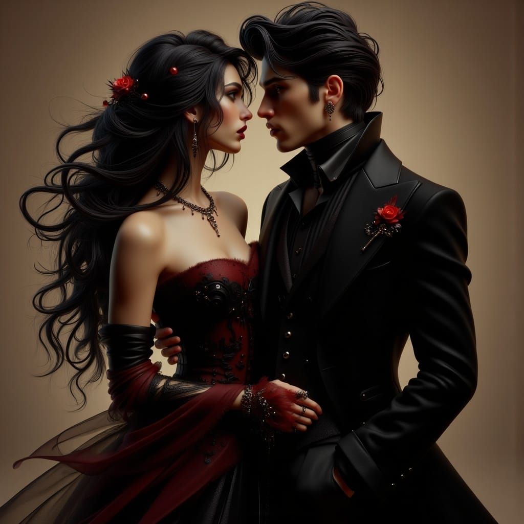 Romantic Art Nouveau Punk Couple with Red Rose