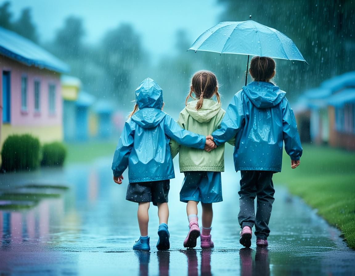 Children Walking in Rain: Ethereal Pastel Photography