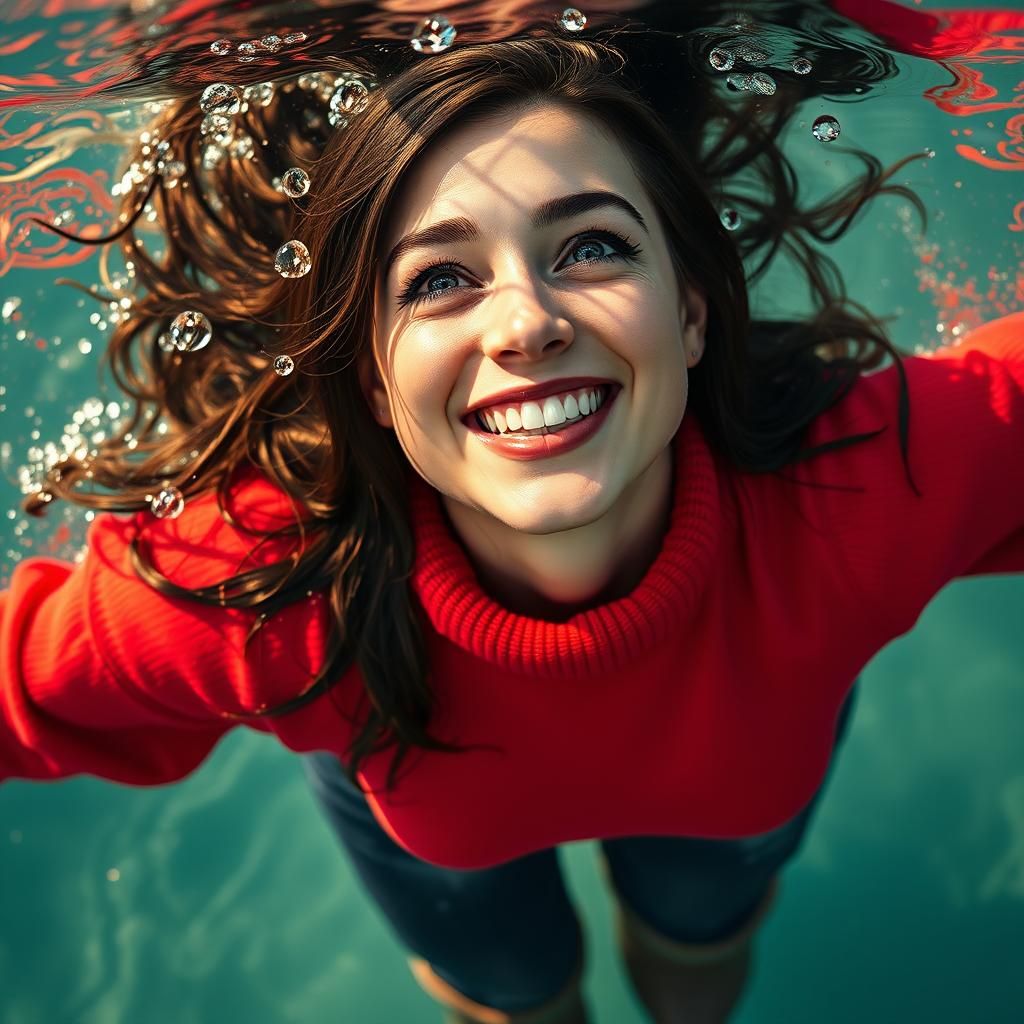 Woman Swimming Upwards in Jeans, Hyperrealistic Style