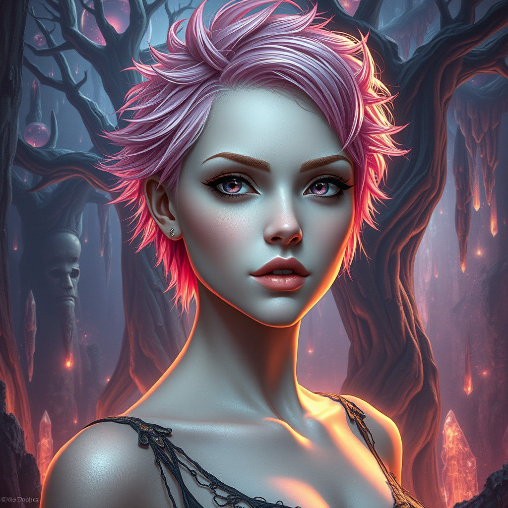 Ethereal Woman with Pink Hair in Mystical Realm