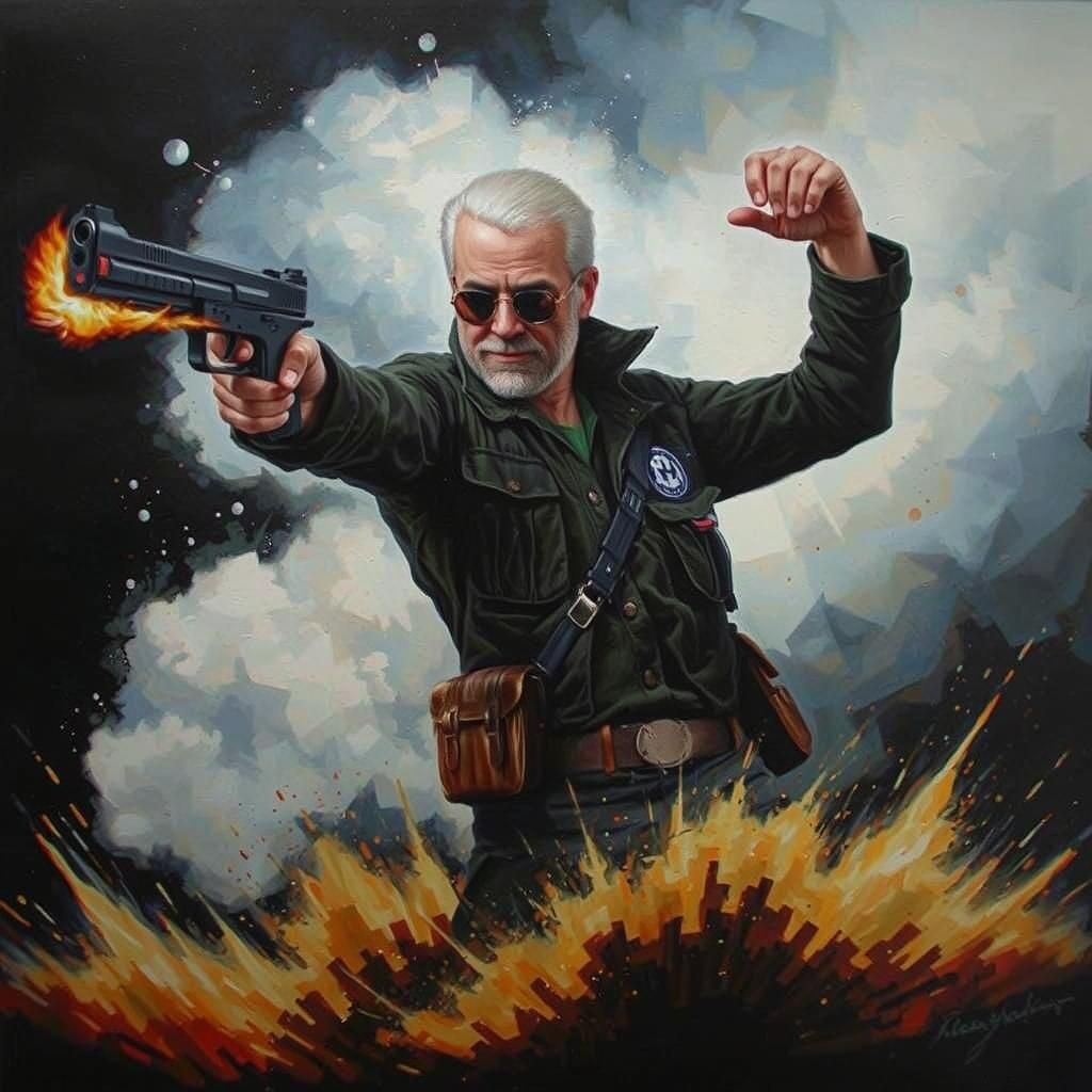 Exploding Gun Trigger Finger in Oil Painting Style