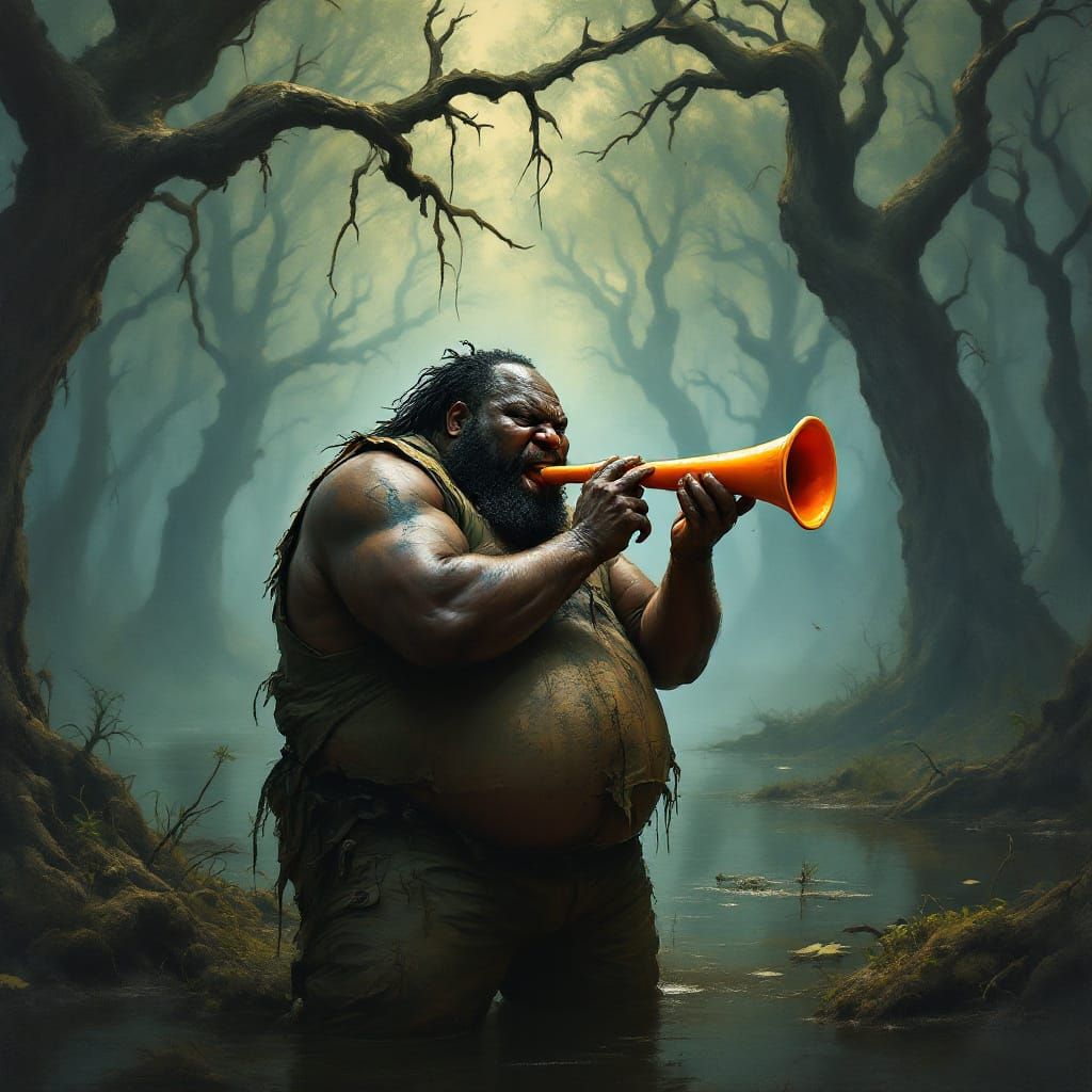 Man Plays Vuvuzela in Eerie Swamp Landscape