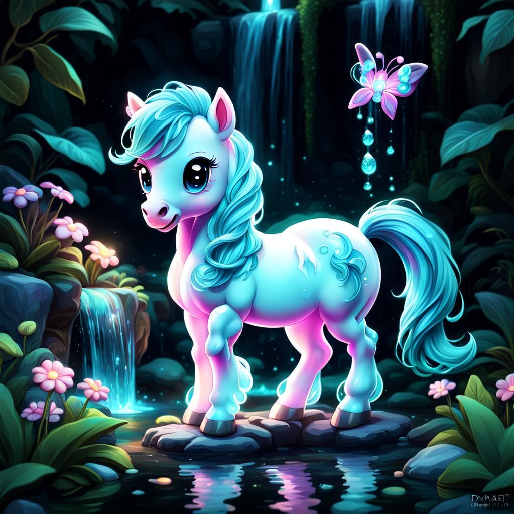 Bioluminescent Chibi Pony with Waterfall: Candy Art