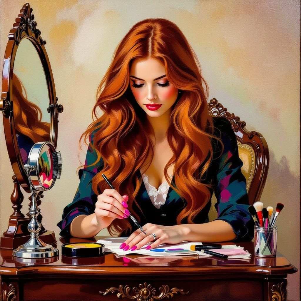 Impressionist Oil Painting: Woman Painting Nails with Floati...