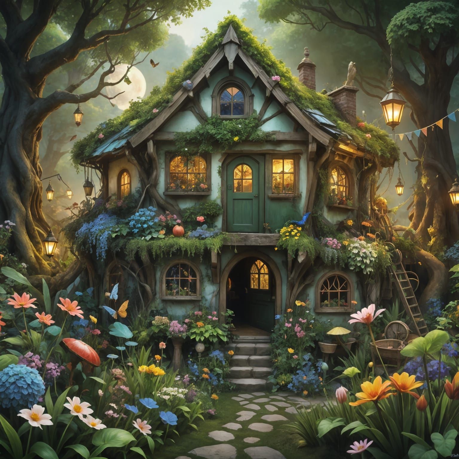 Enchanted Potting Shed in Flower Field at Sunset