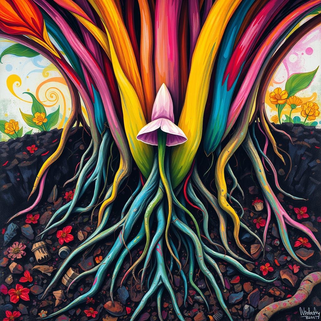 plant growing upside down, flower in the earth and root blooming, masterpiece.