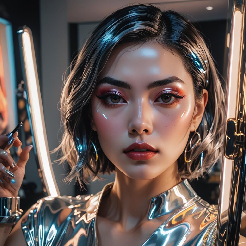 Latina Woman Selfie in Sorayama-Inspired Anime Art