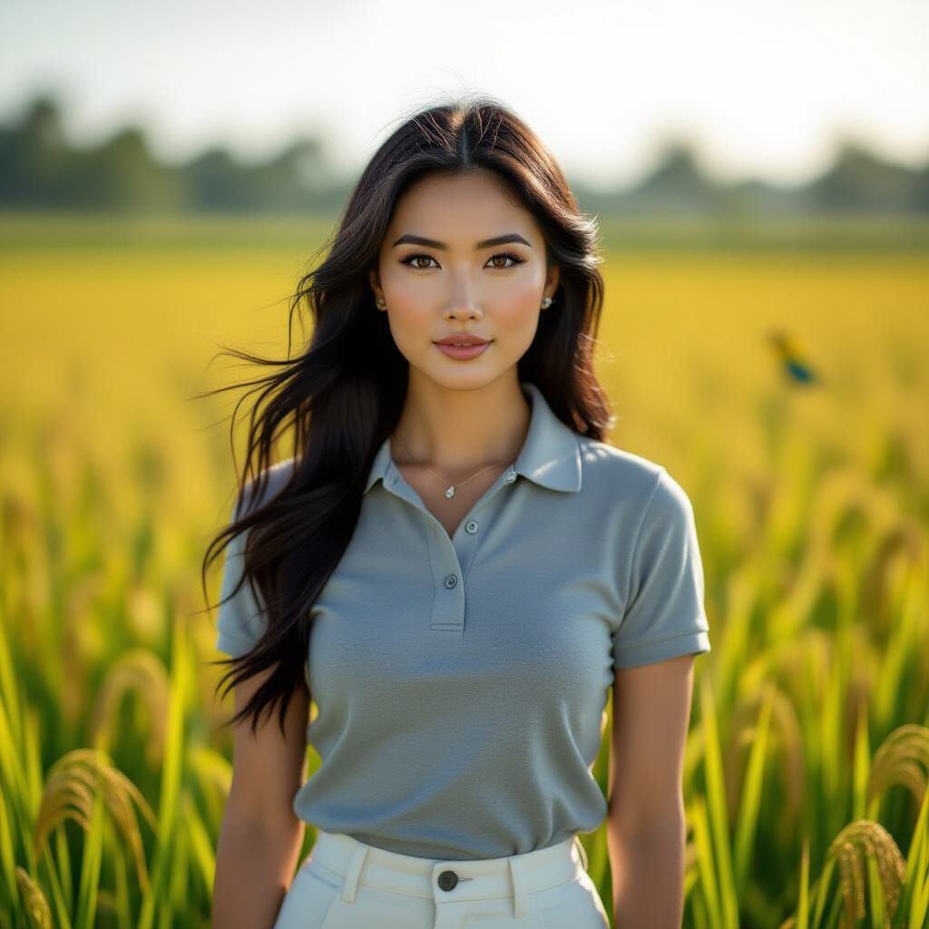 Confident Woman in Rice Paddy: Hyperrealistic Cinematic Port...