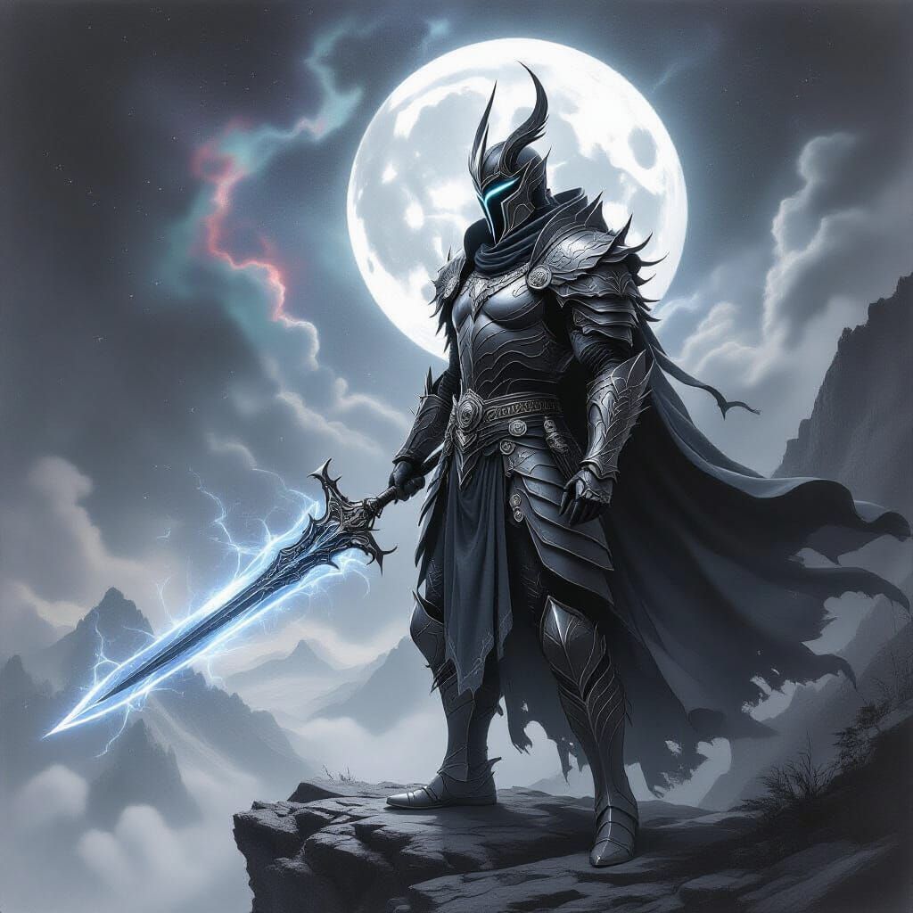 Mythological Warrior in Moonlight Armor Overlooking Nebula