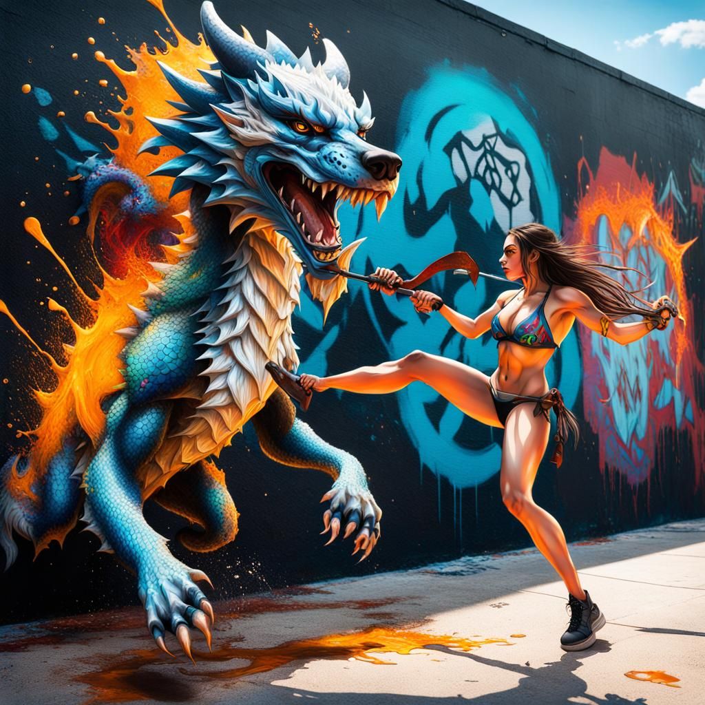 Dragon Tamer and Wolf Girl in Hyperrealistic Splash Art