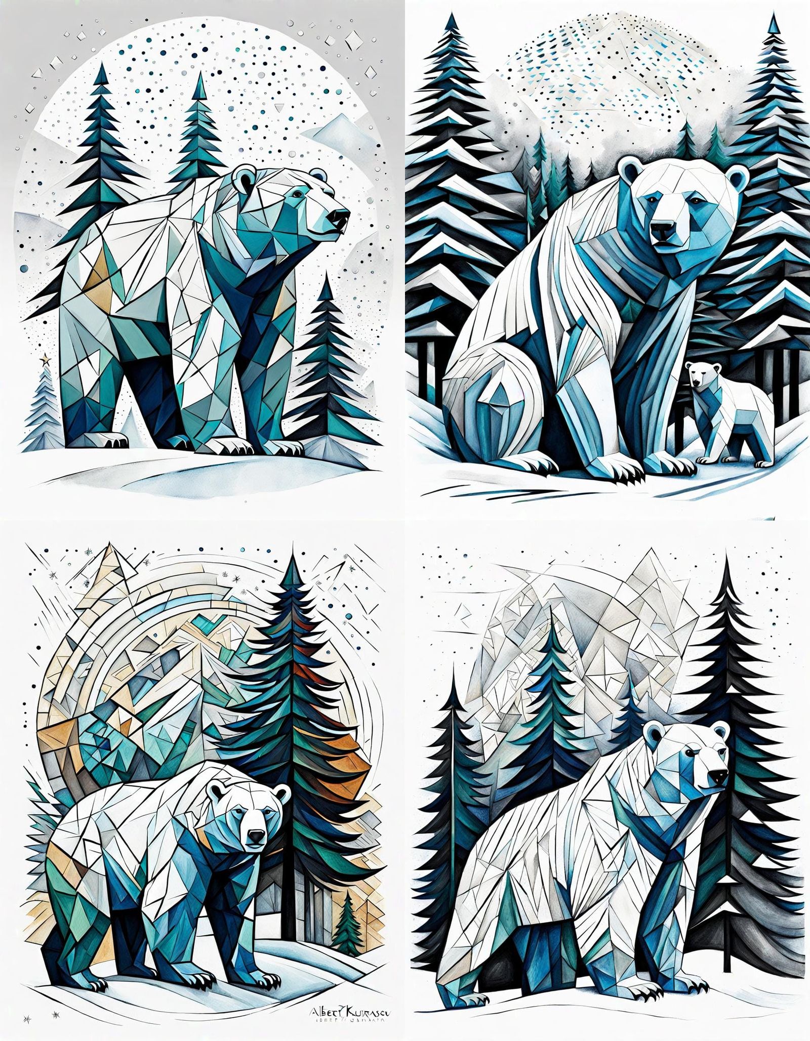 Polar Bear Cub Christmas Watercolor Single Line Art
