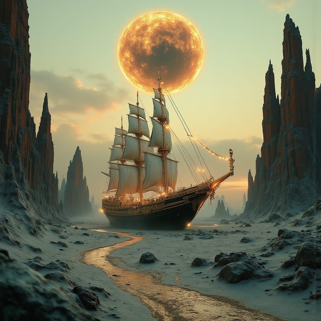 Steampunk Ship on Mars, Surreal Landscape
